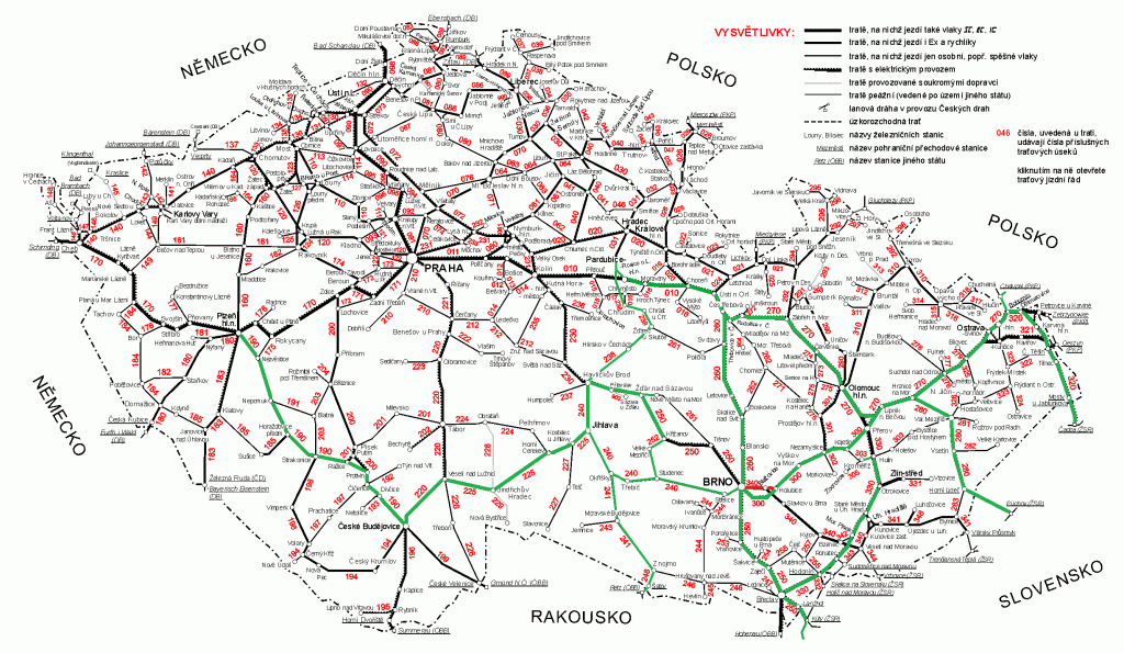 Mapa zobrazující prozkoumané železnice v ČR.